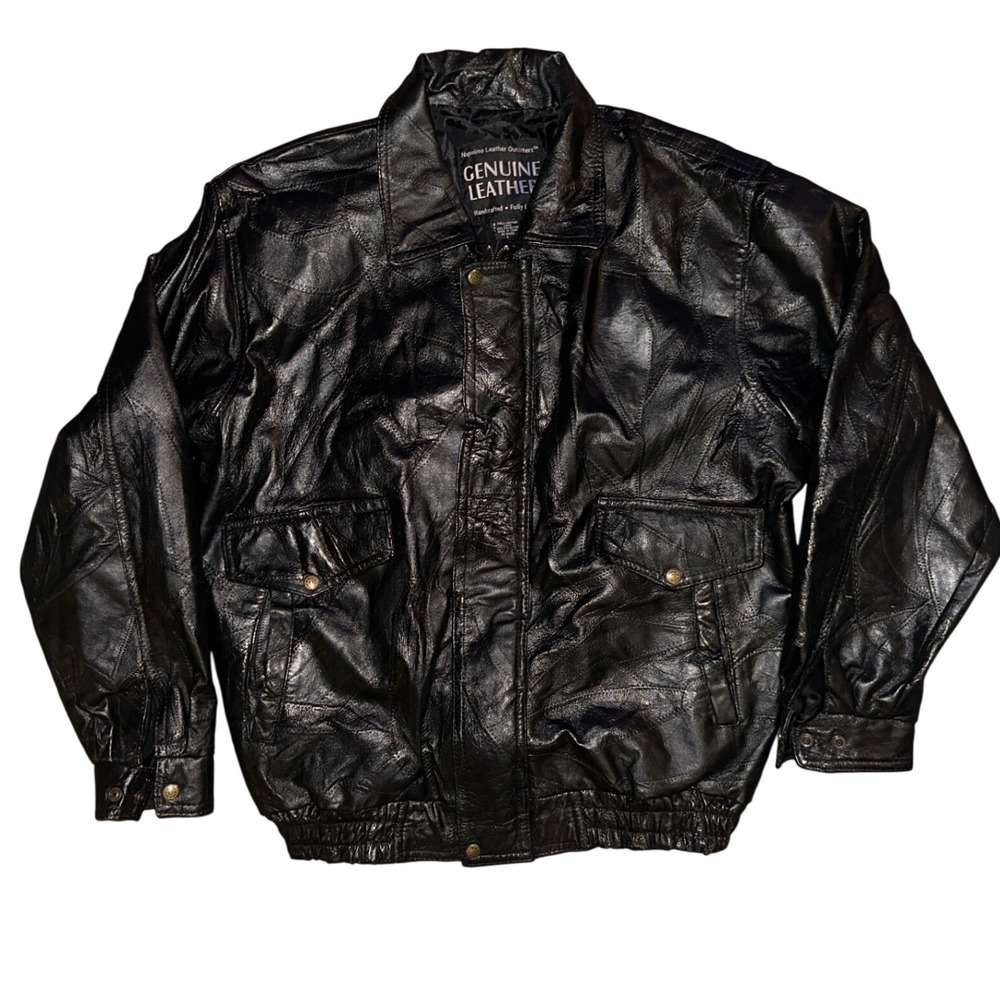 Napoline Leather Outfitters Mens Large Black Genuine Leather Patchwork Bomber